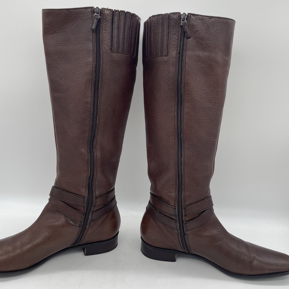 Talbots Womens 7AA Riding Boots Tall Brown Pebbled Leather Gold Buckle Full Zip - Picture 12 of 16